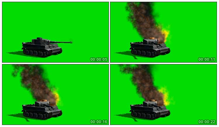 坦克开炮击中起火燃烧绿布抠像影视特效视频素材