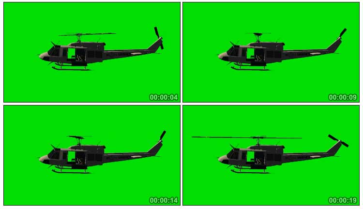 军事直升机螺旋桨旋转飞行绿布抠像特效视频素材
