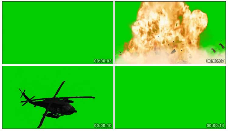 直升机坠毁爆炸火球绿布抠像影视特效视频素材