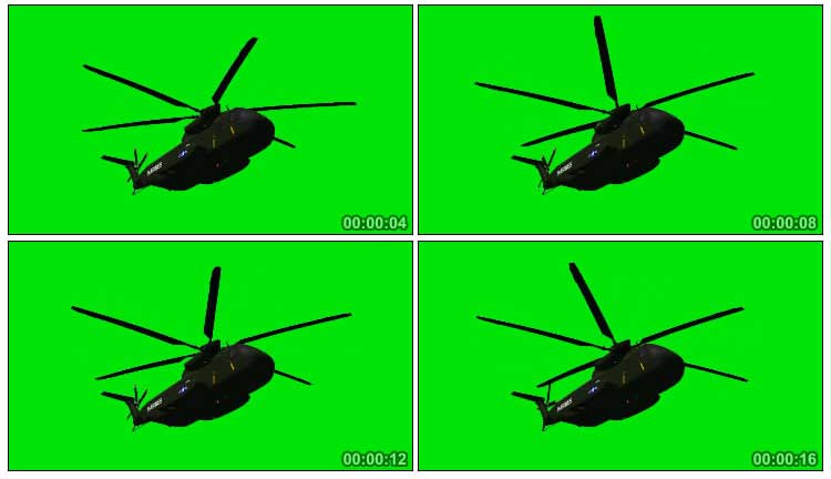 军用直升飞机叶片旋转飞行绿屏抠像影视视频素材