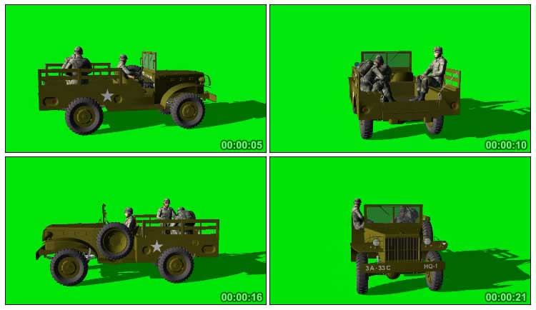 军用吉普车坐着士兵绿屏抠像影视特效视频素材