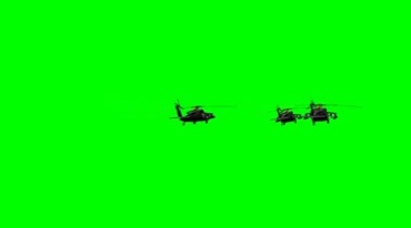 军用武装直升飞机编队飞行绿屏抠像影视特效视频素材