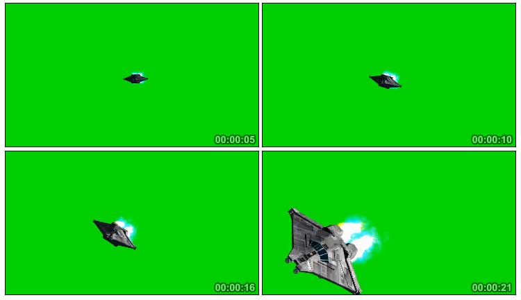 外星飞船太空战舰喷射火焰飞行绿屏抠像特效视频素材