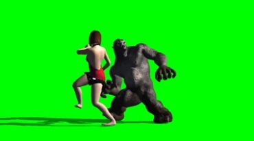 功夫女孩拳打猩猩怪物绿屏抠像影视特效视频素材