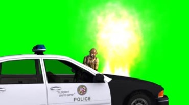 警车着火消防员扑灭火焰绿屏抠像影视特效视频素材