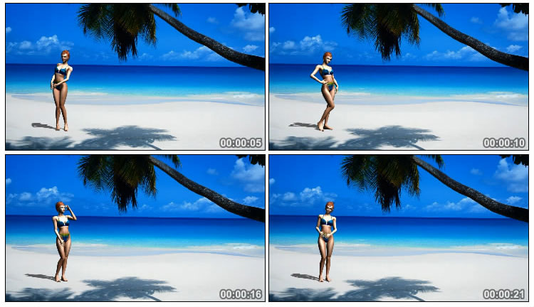 比基尼女孩在海边沙滩上摆造型pose视频素材