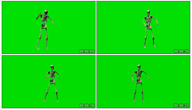 骷髅白骨跳舞动感舞蹈绿布免抠像影视特效视频素材