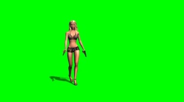 性感比基尼美女带手枪行走绿屏抠像影视特效视频素材