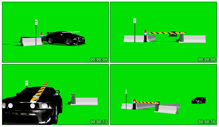 黑色汽车冲破路障绿屏抠像影视特效视频素材