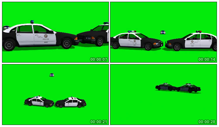 小汽车冲进警车封锁区路障绿屏抠像影视特效视频素材