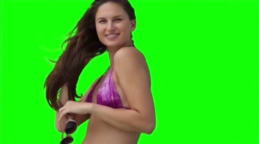 外国泳装美女微笑拿太阳镜绿屏抠像影视特效视频素材