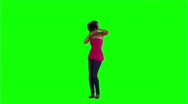 黑人美女戴耳机节奏跳舞绿布抠像影视特效视频素材