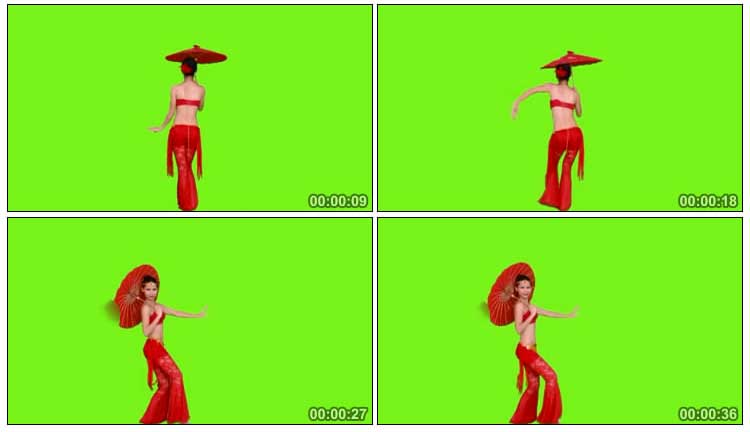 中国江南女子撑红伞跳舞绿屏特效视频素材