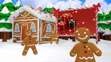 圣诞节白雪世界户外卡通装饰房子树木小孩视频素材