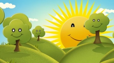 小山坡绿草地树木太阳放光芒卡通视频素材