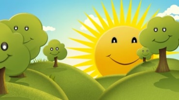 小山坡绿草地树木太阳放光芒卡通视频素材