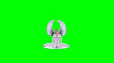 美女天使蹲坐祈福大翅膀扇动绿幕抠像特效视频素材