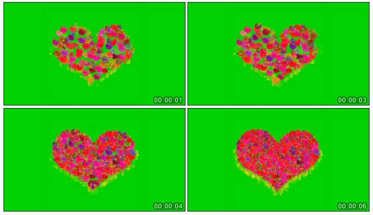 红色小花朵组成心型桃心爱心形状绿幕特效视频素材