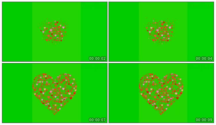 无数个小桃心组成心形图案绿幕抠像特效视频素材