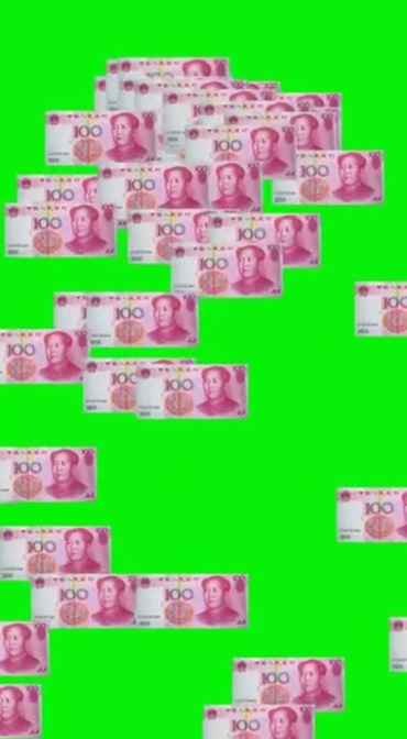 百元人民币红色钞票洒落绿屏抠像特效视频素材