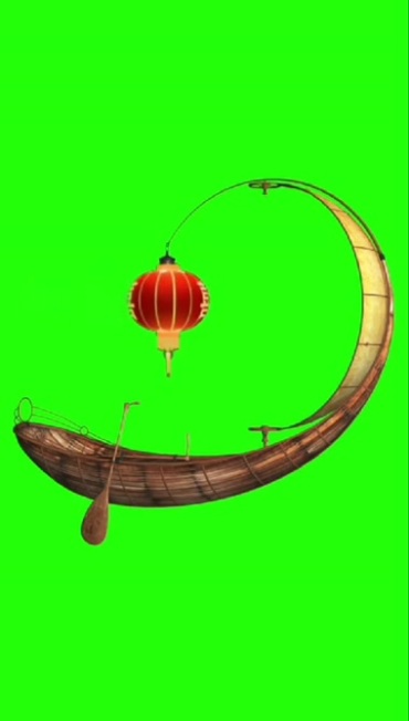 木船弯弯的小船挂着红灯笼绿幕抠像特效视频素材