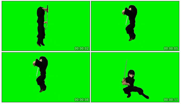 黑衣忍者卡通形象绿屏抠像特效视频素材