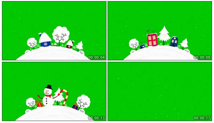 圣诞节冰雪冰封白雪房子小树卡通绿屏抠像特效视频素材
