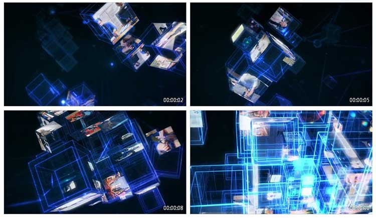 蓝色科幻水晶方块魔方组合动态视频素材