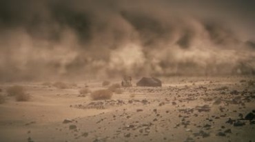 沙漠沙尘暴滚滚袭来骆驼商队驼队避风实拍视频素材