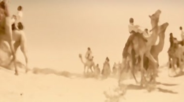 沙漠骑行骆驼队伍仰拍视频素材