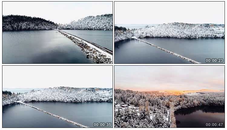 冬天下雪银装素裹树林湖泊雪景航拍视频素材