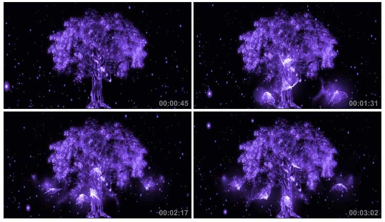 紫色光效粒子蝴蝶围绕着树飞舞特效视频素材