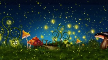 星空草地蘑菇萤火虫夜景可爱卡通视频素材