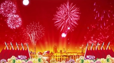 祖国的节日烟花绽放牡丹花红旗灯光璀璨红色党建背景视频素材