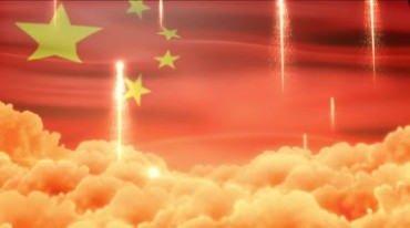 天空巨大的五星红旗大幕布国旗红歌党建背景视频素材