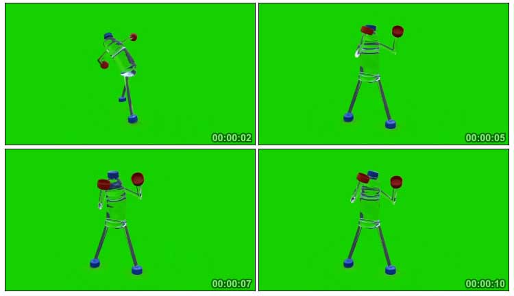 矿泉水瓶拟人小人形象打拳武功绿屏后期特效视频素材