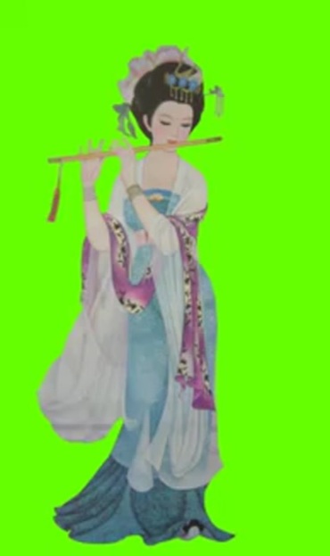 古代美女古装仕女图吹笛子绿屏抠像后期特效视频素材
