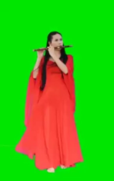 红衣美女仙气飘飘吹笛子绿幕抠像后期特效视频素材