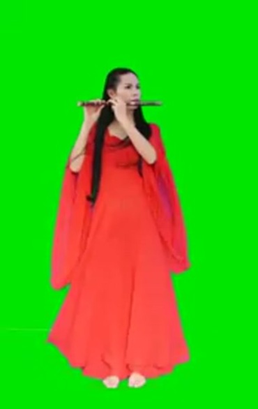 红衣美女仙气飘飘吹笛子绿幕抠像后期特效视频素材