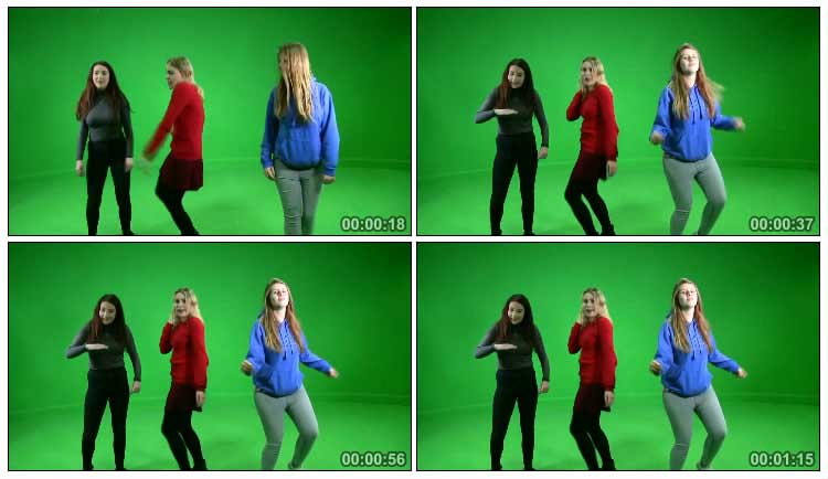 三个外国女人在绿布前跳舞群魔乱舞后期特效视频素材