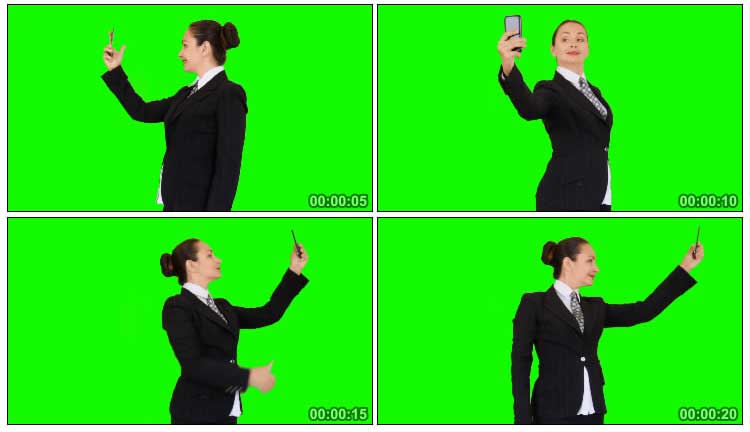 商务人士职场美女拿手机自拍绿屏抠像后期特效视频素材