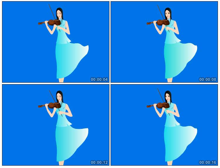 清纯漫画女孩长裙飘飘拉小提琴透明抠像后期特效视频素材