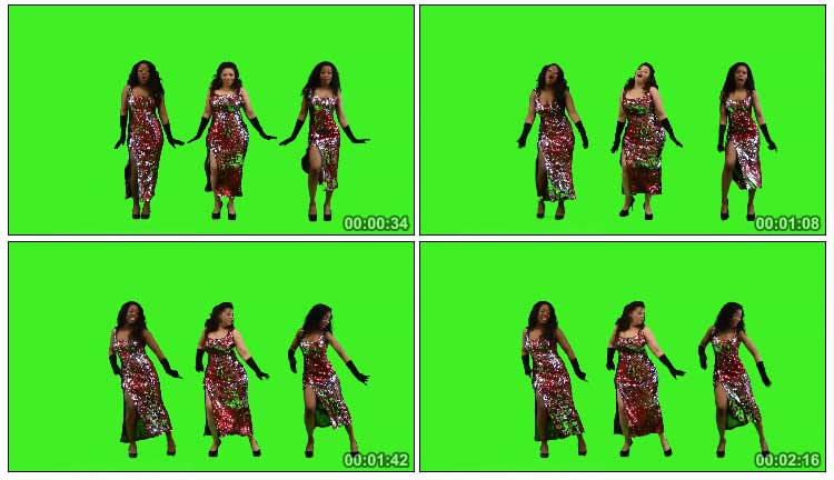 黑人美女组合穿旗袍跳舞绿屏抠像后期特效视频素材