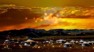 草原蒙古包黄昏夕阳粒子背景视频素材