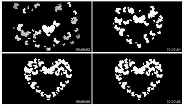 白色蝴蝶汇聚成桃心形状黑屏抠像特效视频素材