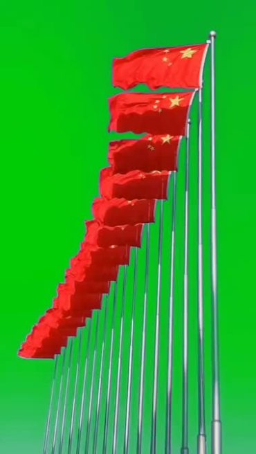 一排五星红旗国旗飘扬国庆节快乐绿屏特效视频素材
