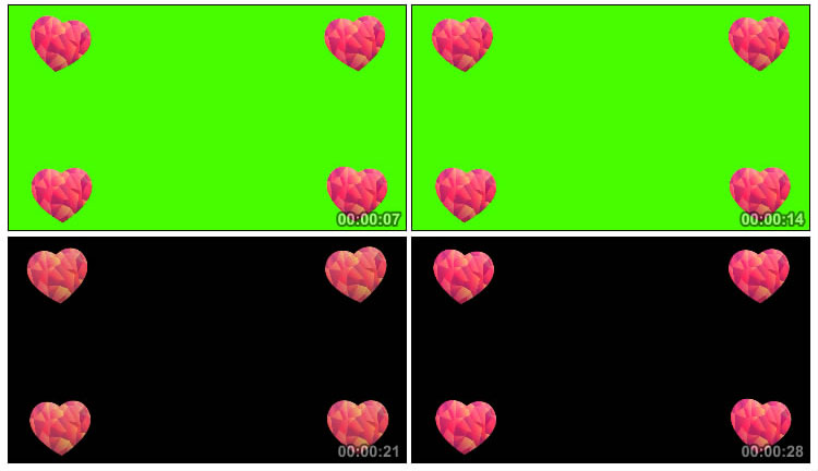 四个角分别是桃心爱心绿屏抠像后期特效视频素材