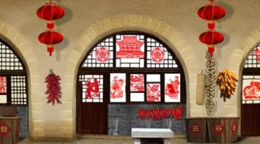 陕北窑洞特色民居春节装扮喜庆小品舞台背景视频素材