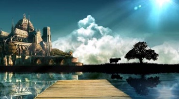 欧式古堡外的湖泊栈桥大片风格背景视频素材