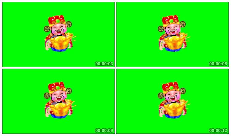财神爷抱着金元宝卡通形象绿屏后期特效视频素材